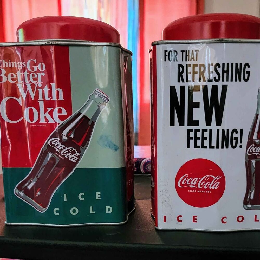 Coca Cola Co Contoured Shape Tin Cans with Lids Pair 2014